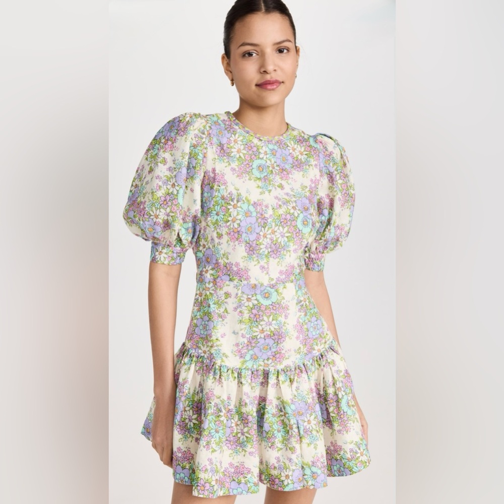 NWT Alemais Agnes SS23 Floral Linen Puff Sleeve Cutout Mini Dress US 10